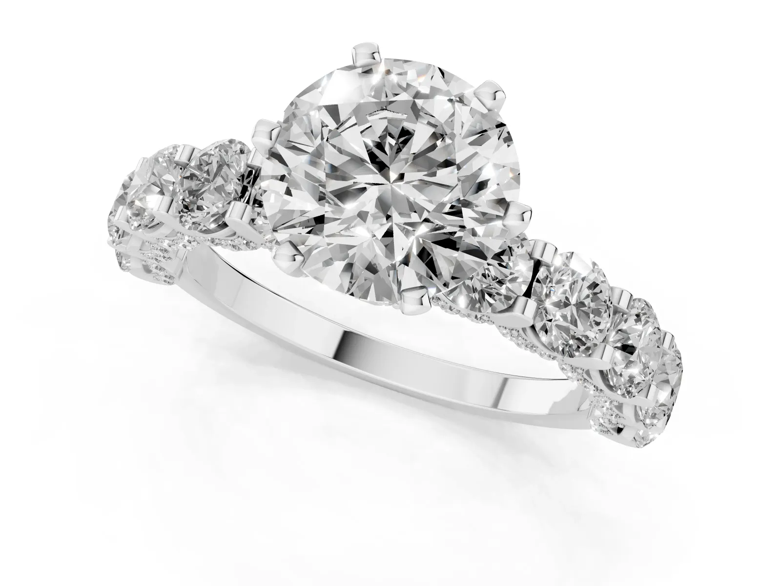 Round Cut Diamond Side Stone Engagement Ring with Four-Prong Setting Platinum