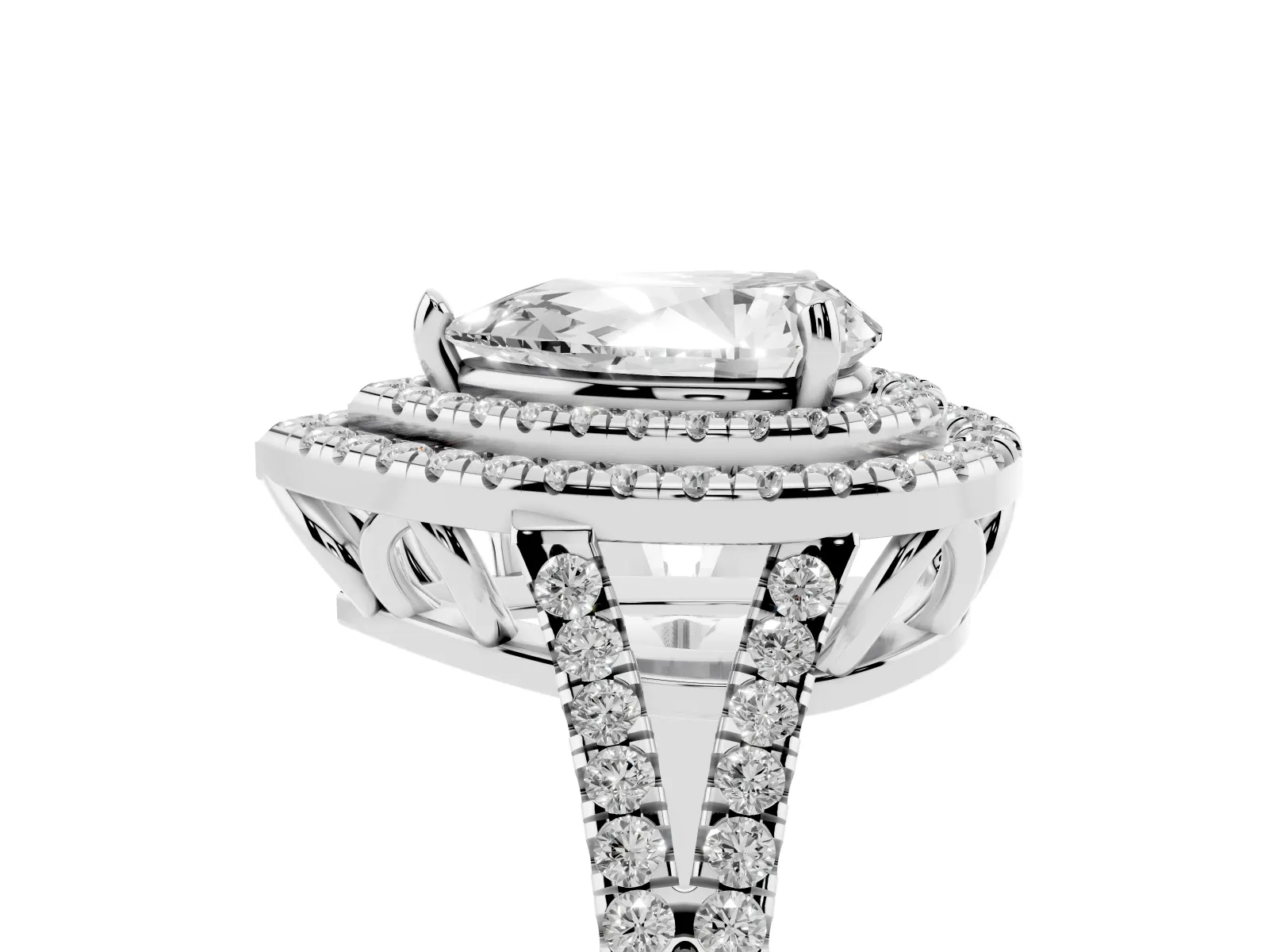 Pear Cut Diamond Double Halo Ring with Pavé Band and Prong Setting Platinum