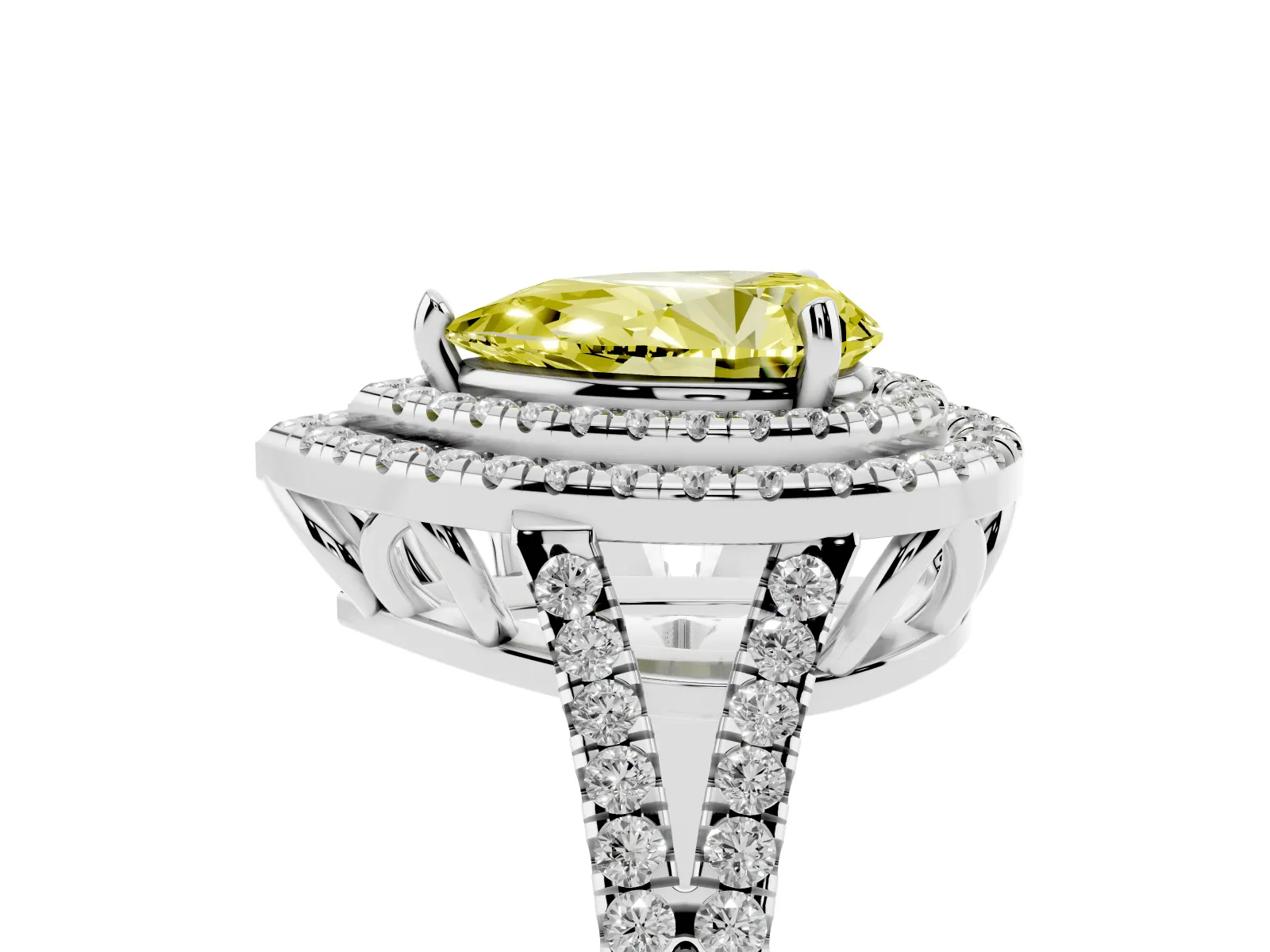 Fancy Yellow Pear Cut Diamond Double Halo Ring with Pavé Band and Prong Setting Platinum