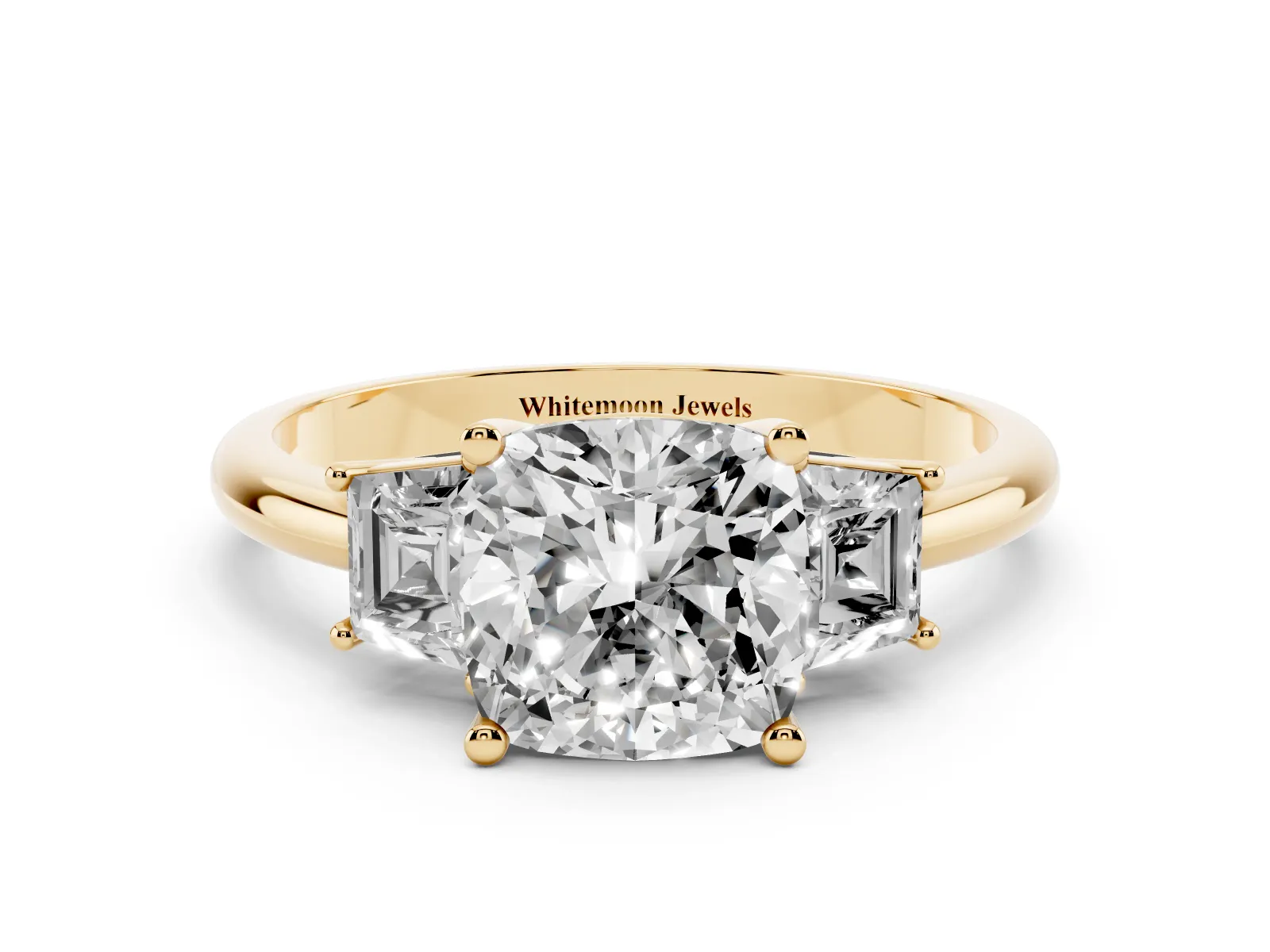 Cushion Cut Diamond Three-Stone Ring with Trapezoid Side Stones and Prong Setting Yellow gold