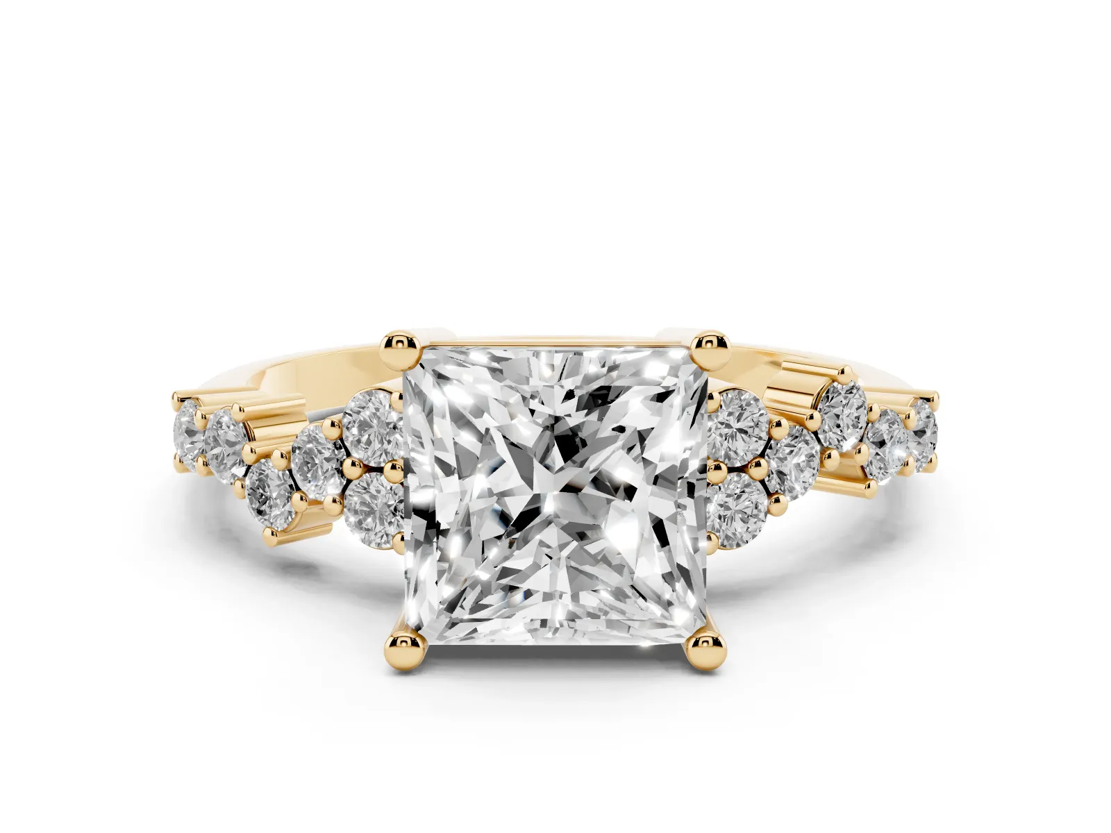 Princess Cut Diamond Scattered Round Accent Ring with Prong Setting Yellow gold