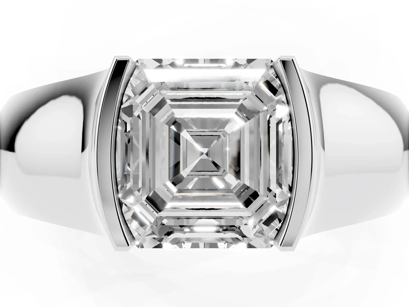 Asscher Cut Solitaire Bezel Set Diamond Ring with Wide Band Platinum