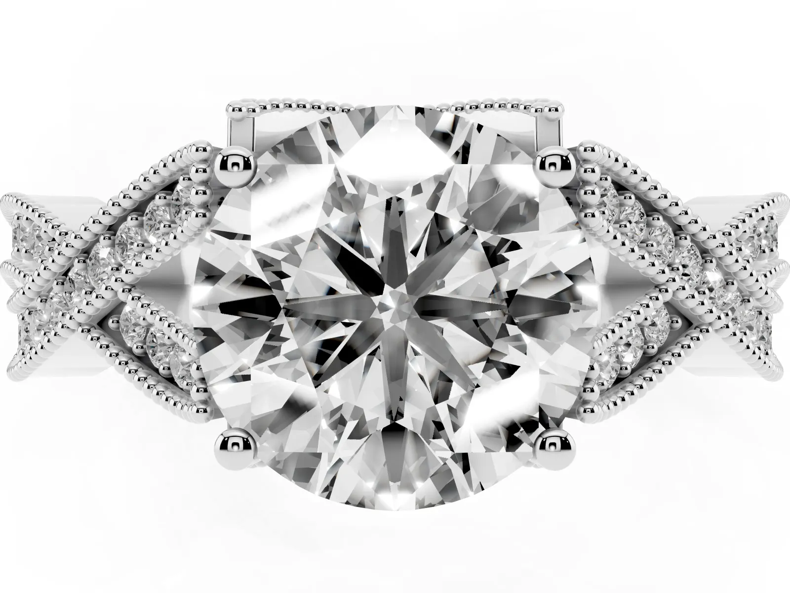 Round Cut Cut Diamond Twisted Band with Milgrain Pave Setting and Four-Prong Setting Platinum