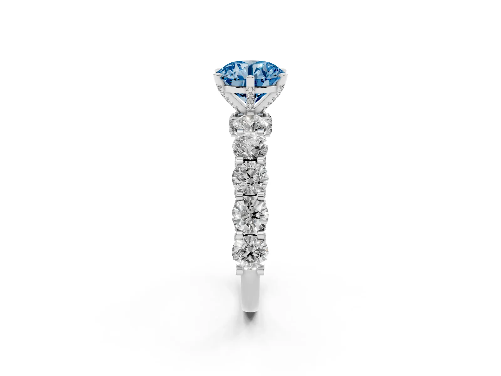 Fancy Blue Round Cut Diamond Side Stone Engagement Ring with Four-Prong Setting Platinum