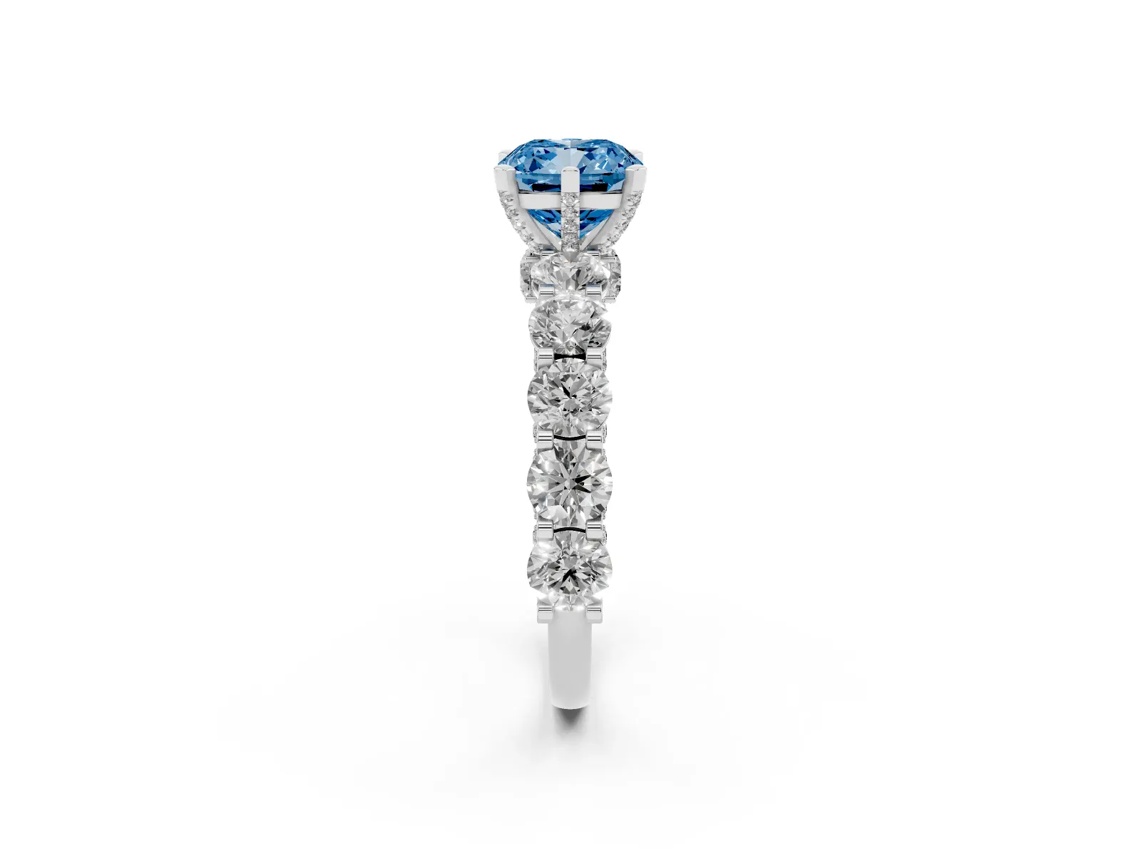 Fancy Blue Cushion Cut Diamond Side Stone Engagement Ring with Four-Prong Setting Platinum