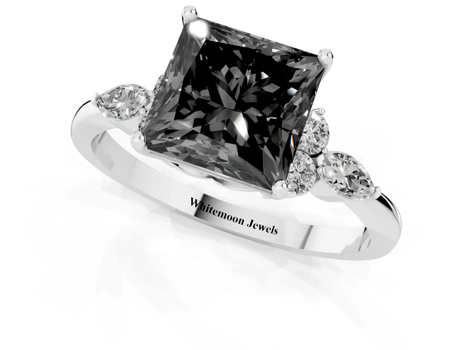 Fancy Black Princess Cut Brilliant Diamond Solitaire Ring with Pear Side Stones and Four-Prong Setting Platinum