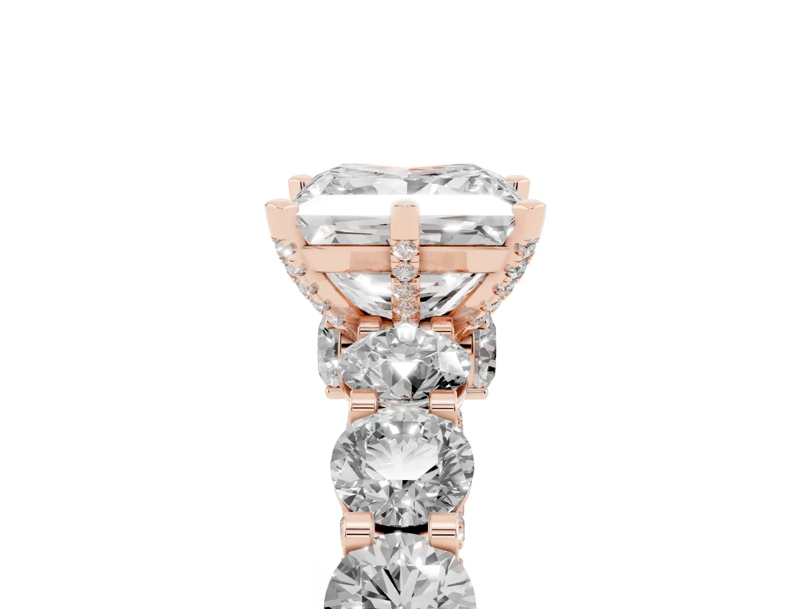 Princess Cut Diamond Side Stone Engagement Ring with Four-Prong Setting Rose gold