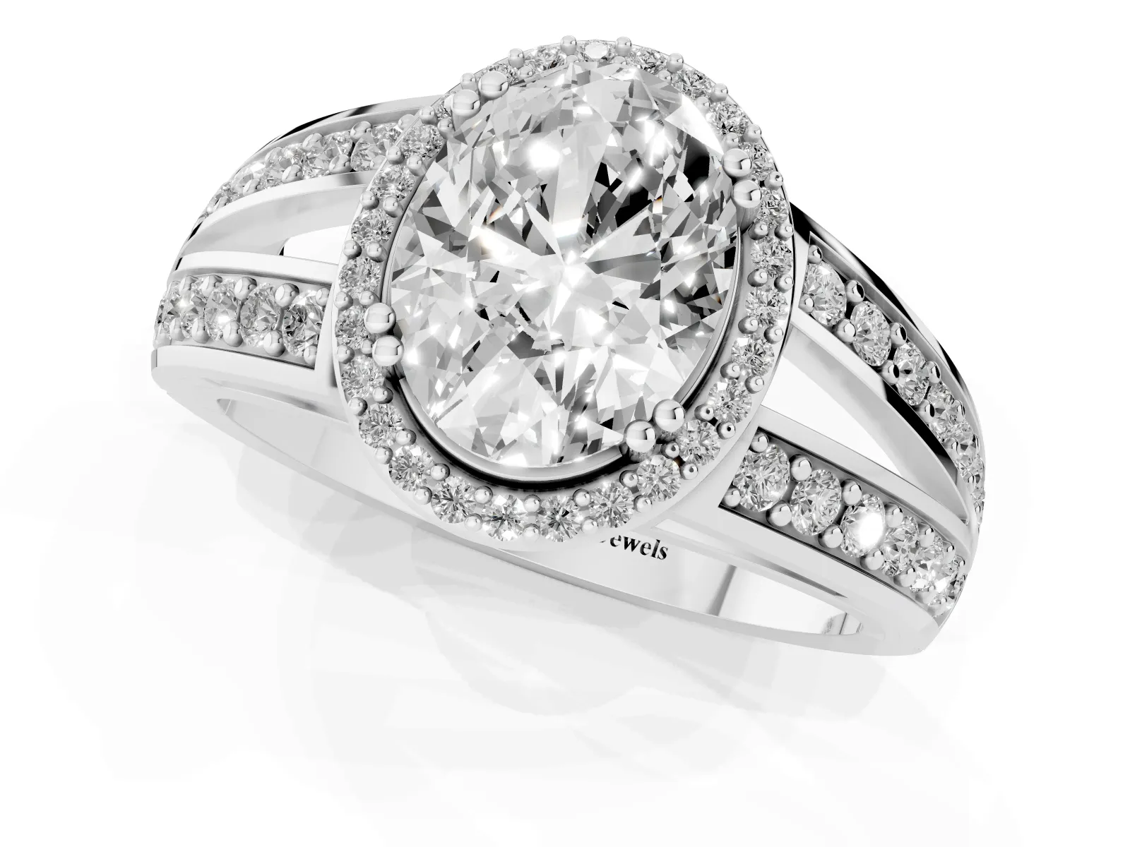 Oval Cut Diamond Halo Ring with Split Shank Pavé Band and Four-Prong Setting White gold