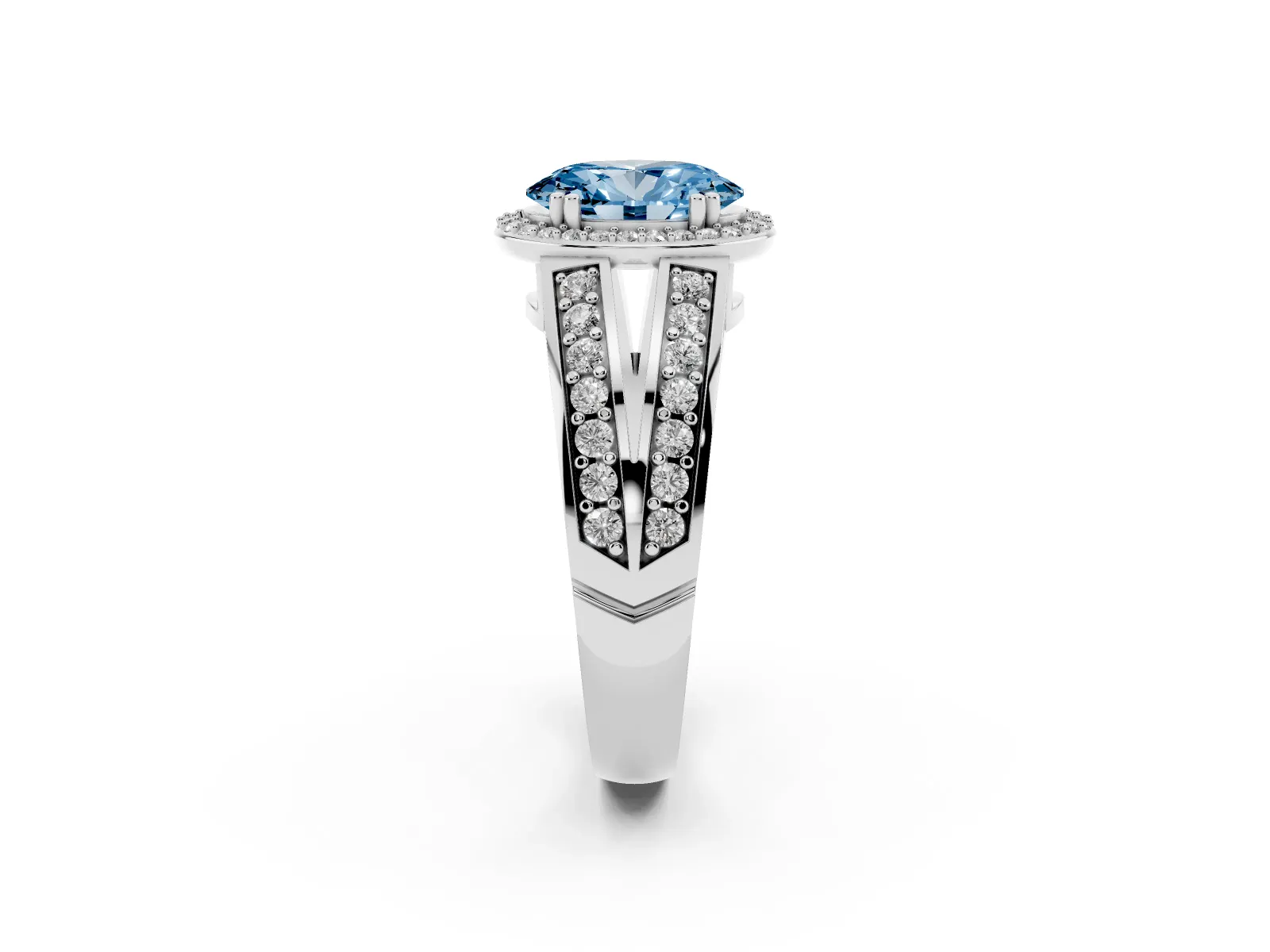 Fancy Blue Oval Cut Diamond Halo Ring with Split Shank Pavé Band and Four-Prong Setting White gold
