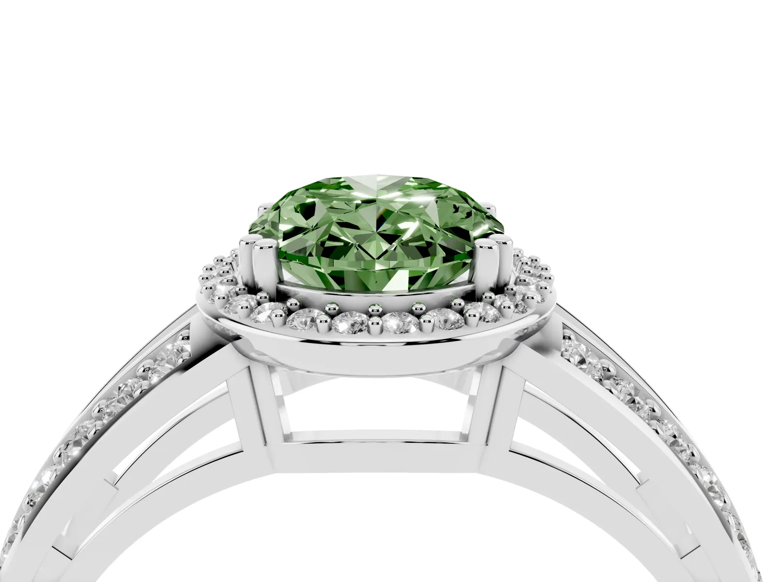 Fancy Green Oval Cut Diamond Halo Ring with Split Shank Pavé Band and Four-Prong Setting White gold