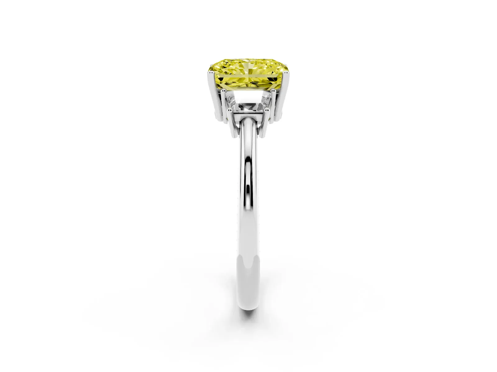 Fancy Yellow Radiant Cut Diamond Three-Stone Ring with Trapezoid Side Stones and Prong Setting Platinum