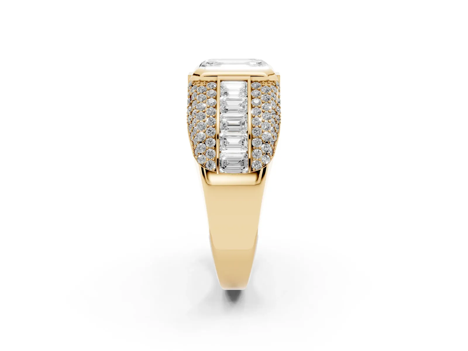 Emerald Cut Diamond Mens Ring with Side Stones Yellow gold