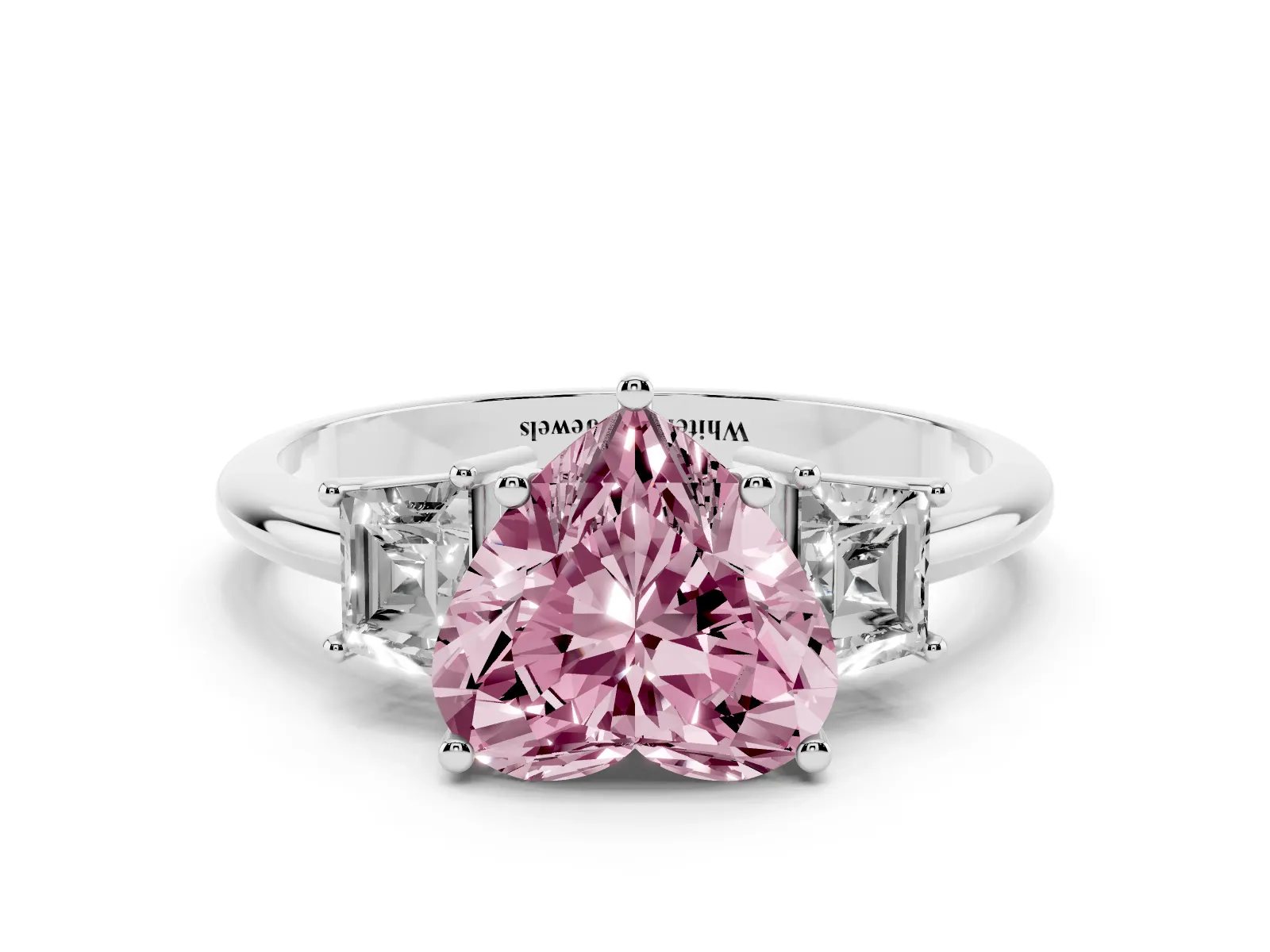 Fancy Pink Heart Cut Diamond Three-Stone Ring with Trapezoid Side Stones and Prong Setting White gold