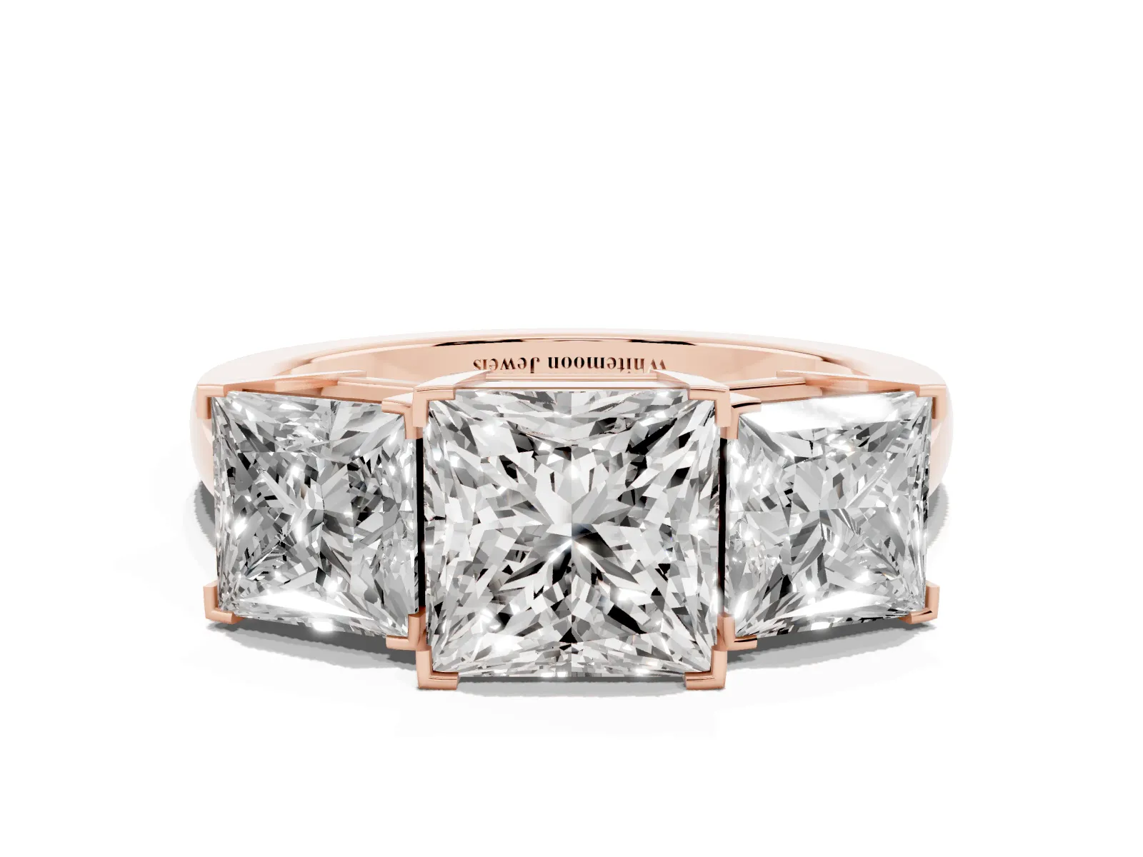 Three-Stone Princess Cut Cut Diamond Ring with Channel Set Band and Four-Prong Setting Rose gold