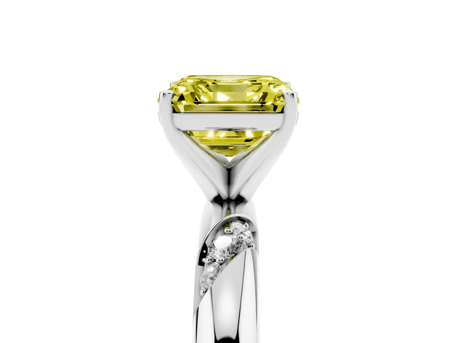 Fancy Yellow Asscher Cut Diamond Solitaire Engagement Ring with Twisted Round Accent Band and Prong Setting Platinum