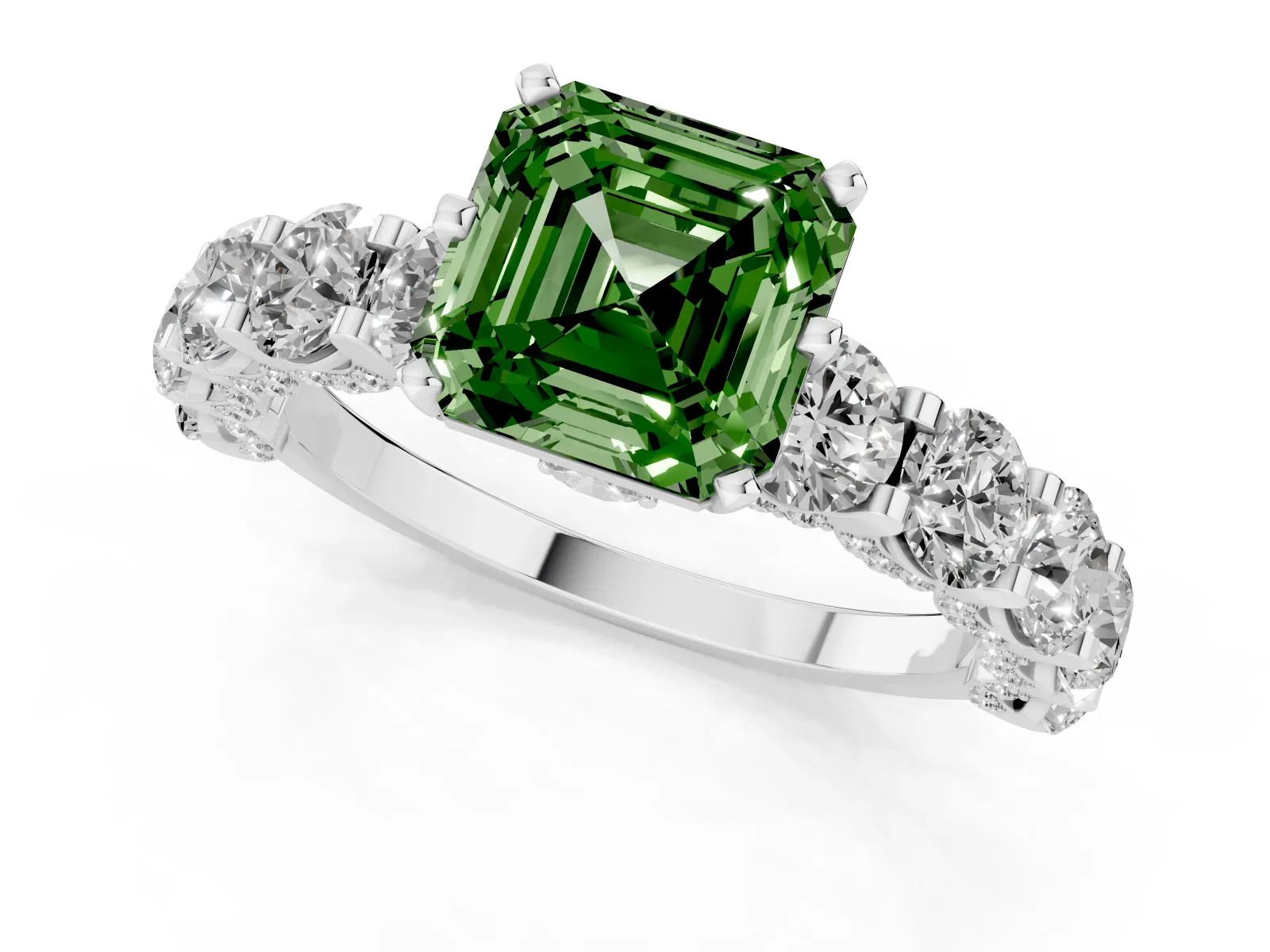 Fancy Green Asscher Cut Diamond Side Stone Engagement Ring with Four-Prong Setting Platinum