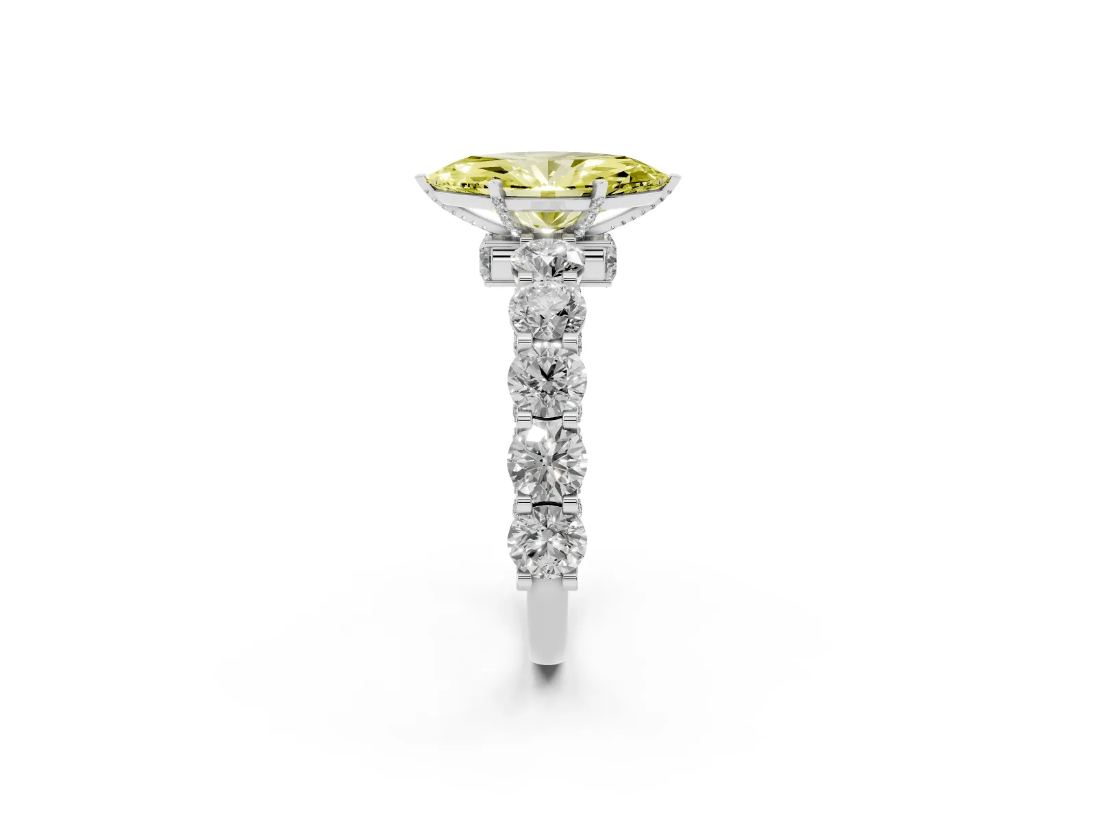 Fancy Yellow Marquise Cut Diamond Side Stone Engagement Ring with Four-Prong Setting Platinum