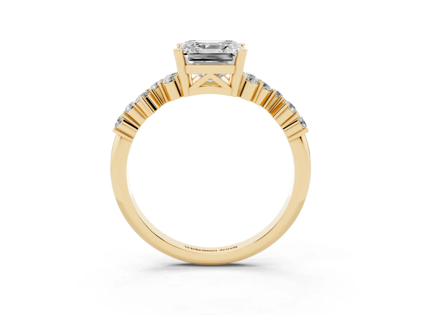 Asscher Cut Diamond Scattered Round Accent Ring with Prong Setting Yellow gold