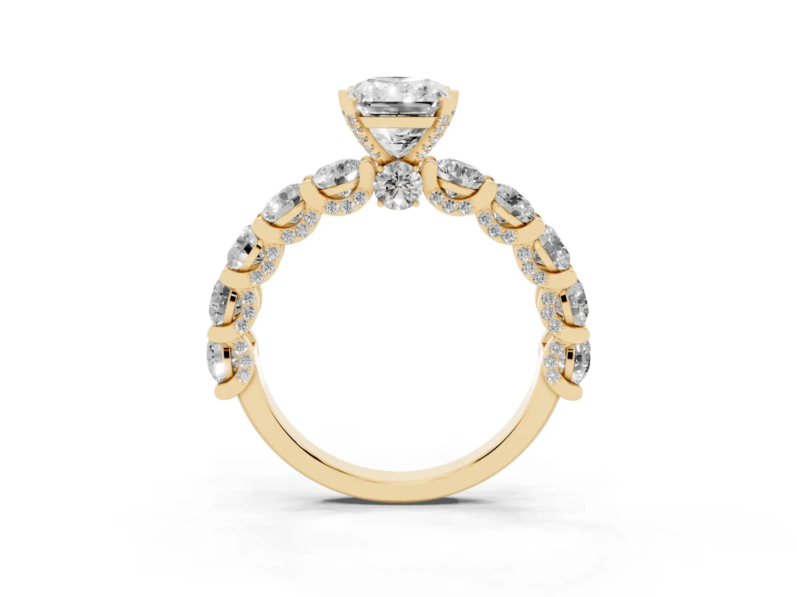 Radiant Cut Diamond Side Stone Engagement Ring with Four-Prong Setting Yellow gold