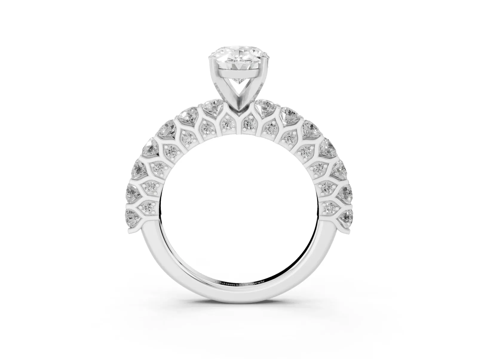 Oval Cut Diamond Solitaire Ring with Shared Prong Pavé Band and Four-Prong Setting White gold