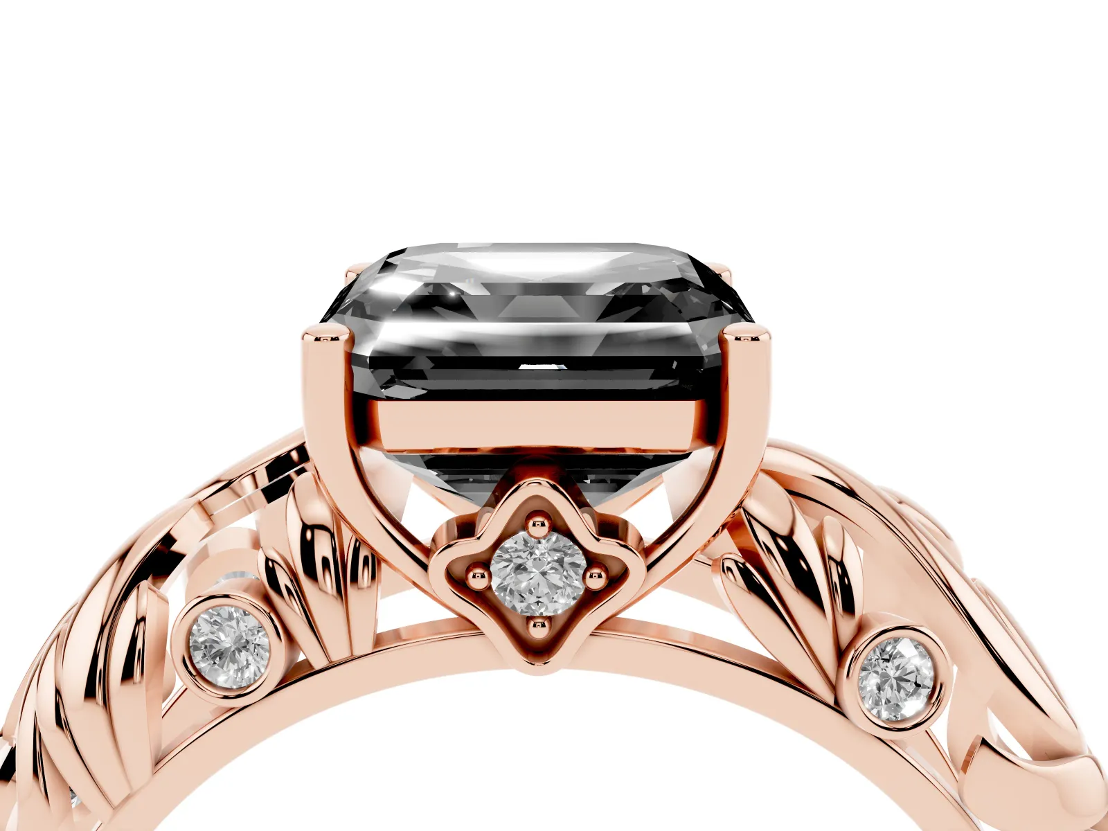 Fancy Black Asscher Cut Solitaire Diamond Leaf-Inspired Vine Band Ring with Prong Setting Rose gold