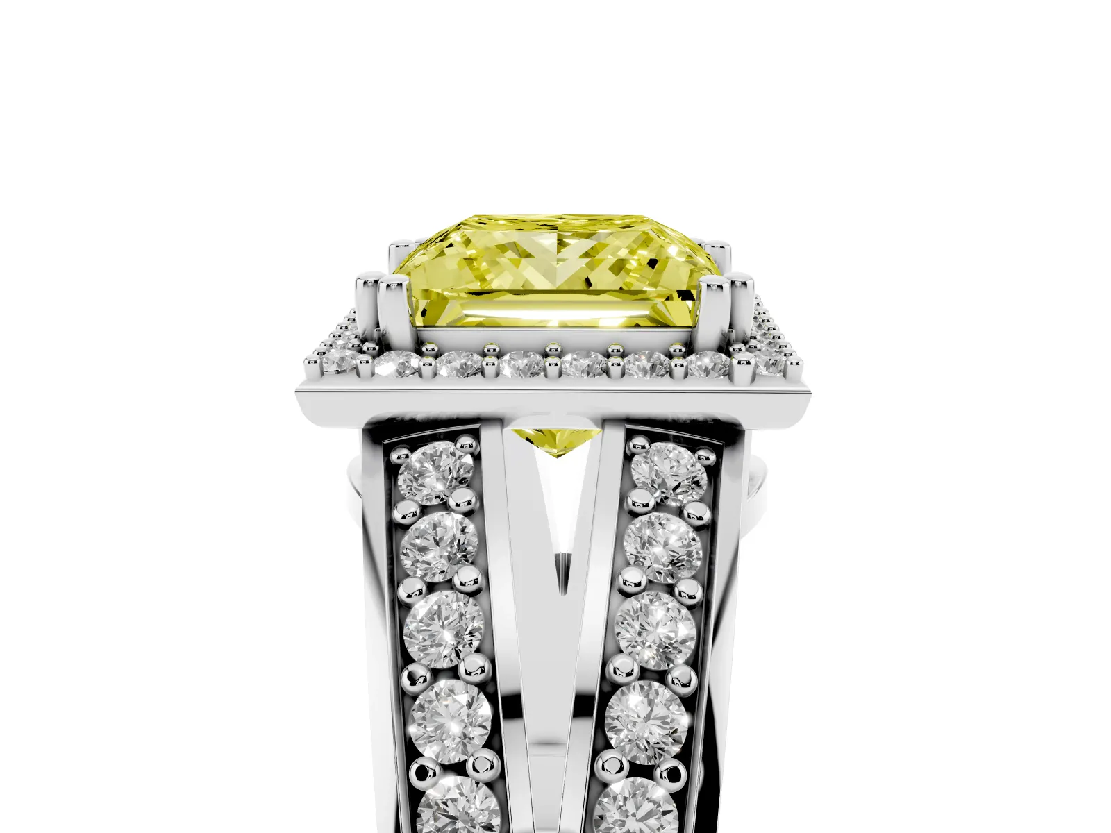 Fancy Yellow Princess Cut Diamond Halo Ring with Split Shank Pavé Band and Four-Prong Setting Platinum