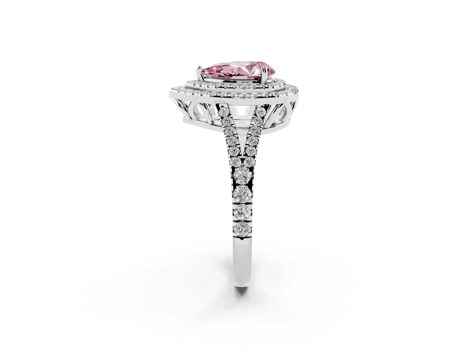 Fancy Pink Pear Cut Diamond Double Halo Ring with Pavé Band and Prong Setting Platinum