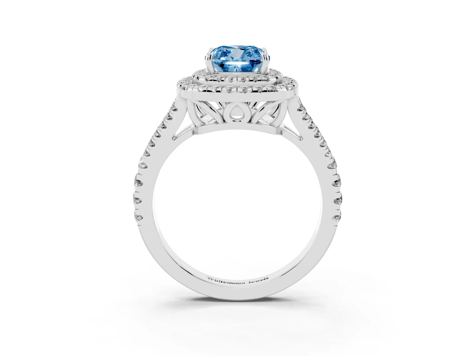 Fancy Blue Cushion Cut Diamond Double Halo Ring with Pavé Band and Prong Setting Platinum