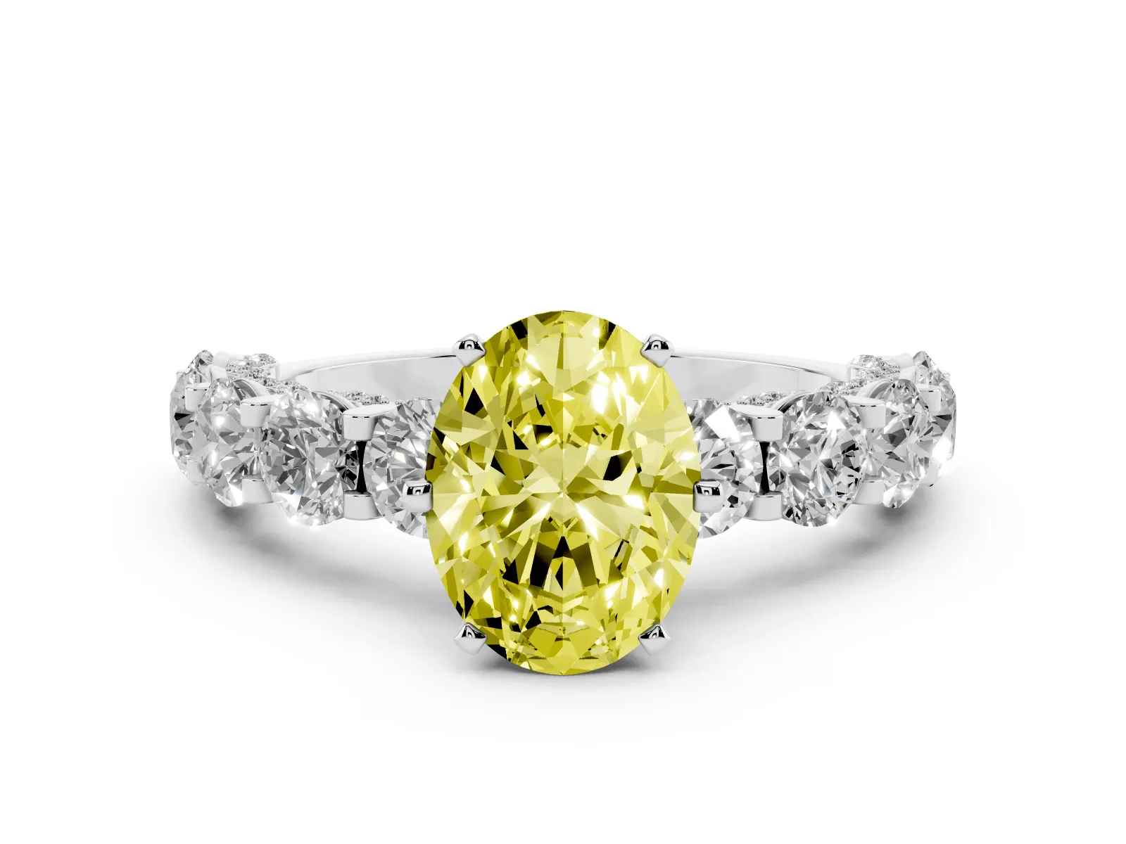 Fancy Yellow Oval Cut Diamond Side Stone Engagement Ring with Four-Prong Setting White gold