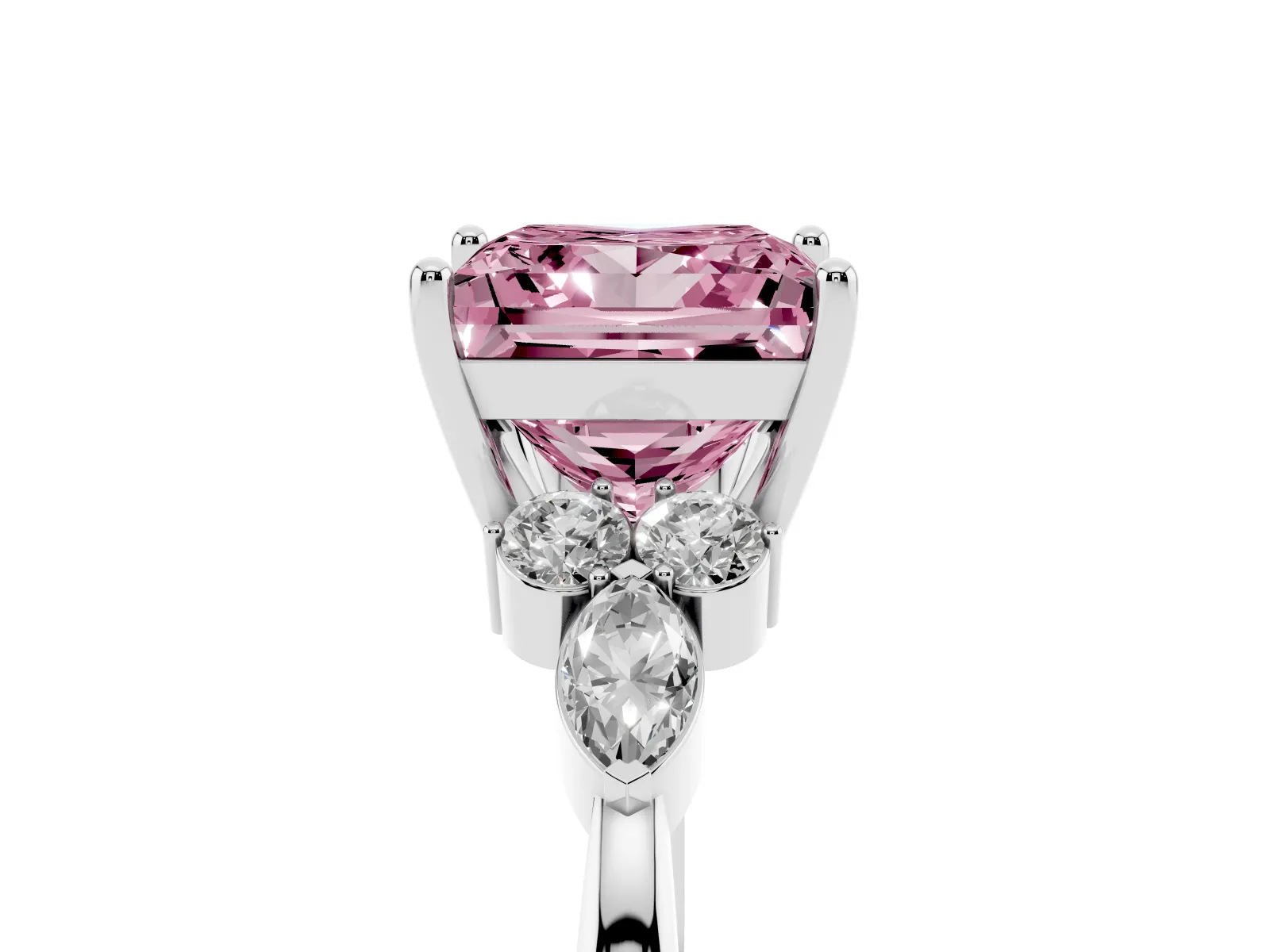 Fancy Pink Princess Cut Brilliant Diamond Solitaire Ring with Pear Side Stones and Four-Prong Setting Platinum