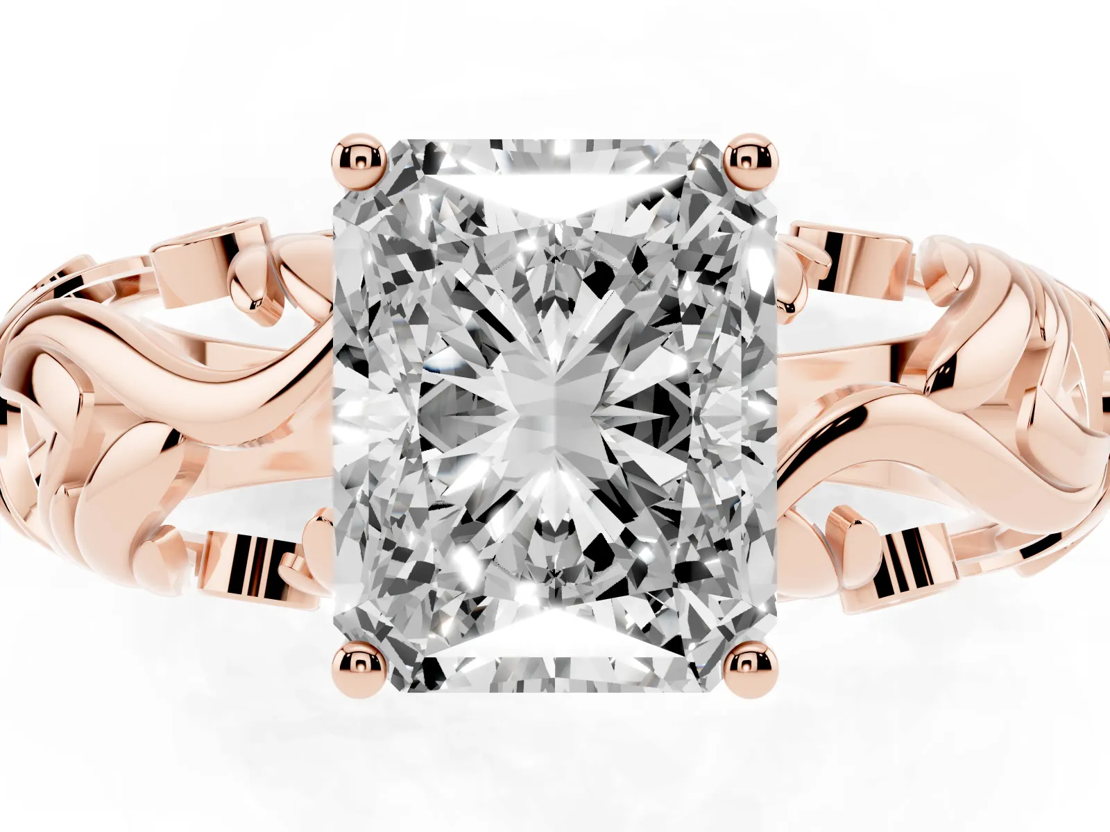Radiant Cut Solitaire Diamond Leaf-Inspired Vine Band Ring with Prong Setting Rose gold