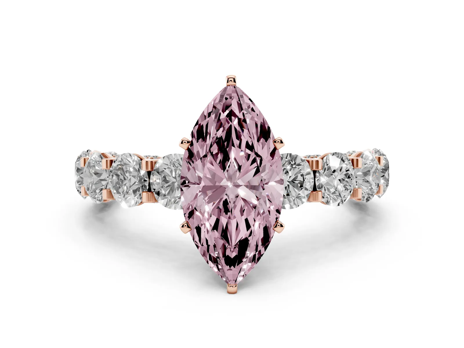 Fancy Pink Marquise Cut Diamond Side Stone Engagement Ring with Four-Prong Setting Rose gold