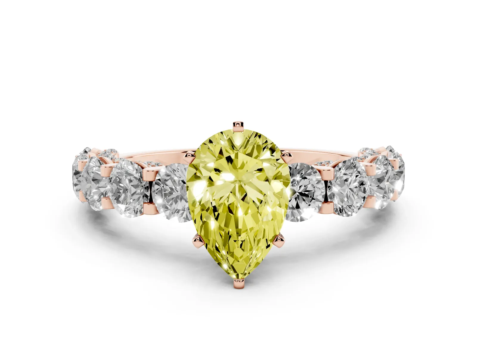 Fancy Yellow Pear Cut Diamond Side Stone Engagement Ring with Four-Prong Setting Rose gold