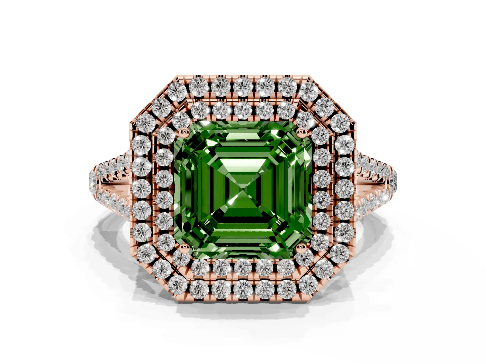 Fancy Green Asscher Cut Diamond Double Halo Ring with Pavé Band and Prong Setting Rose gold