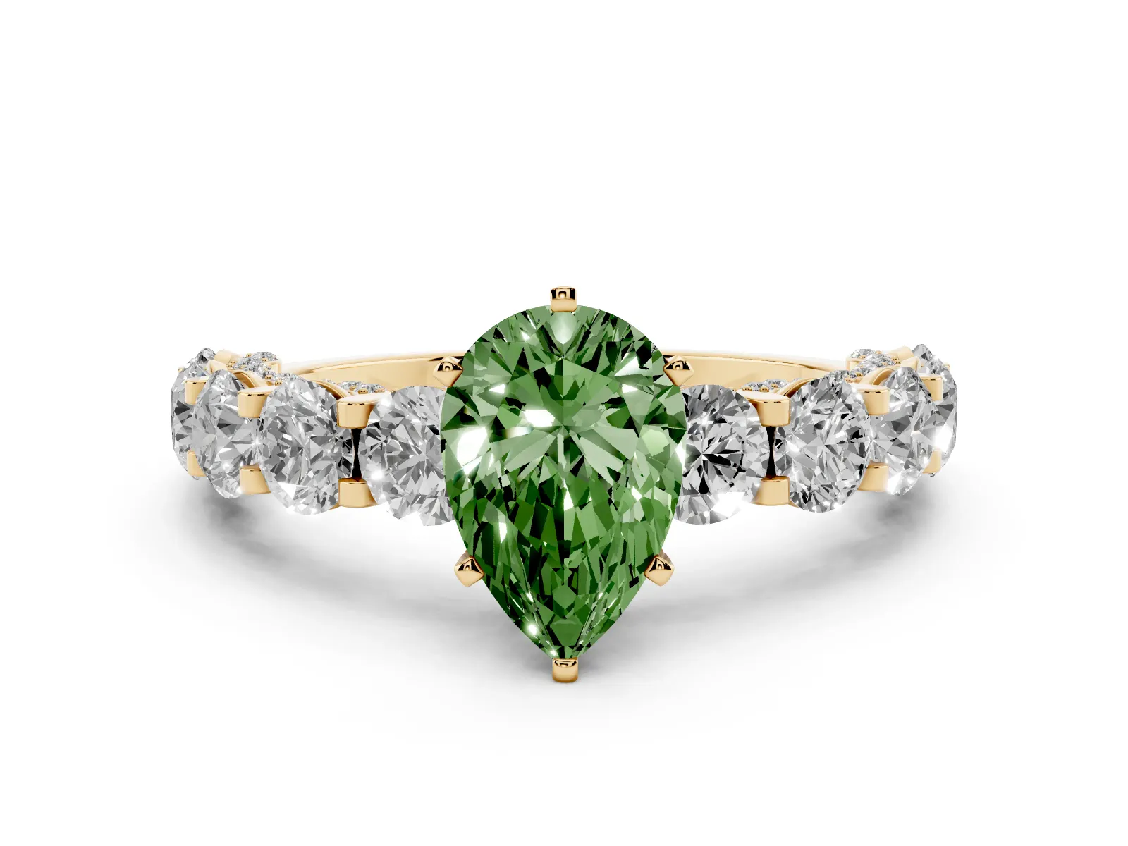 Fancy Green Pear Cut Diamond Side Stone Engagement Ring with Four-Prong Setting Yellow gold