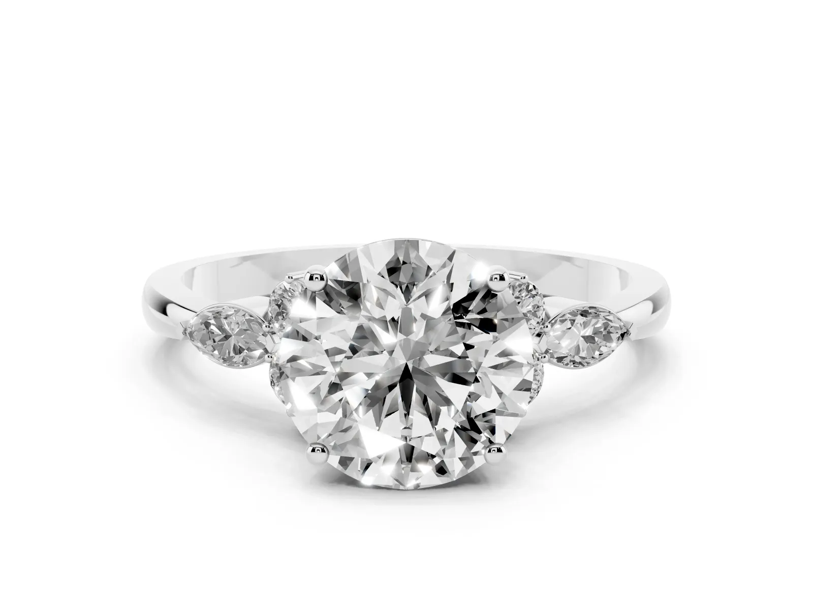 Round Cut Brilliant Diamond Solitaire Ring with Pear Side Stones and Four-Prong Setting Platinum