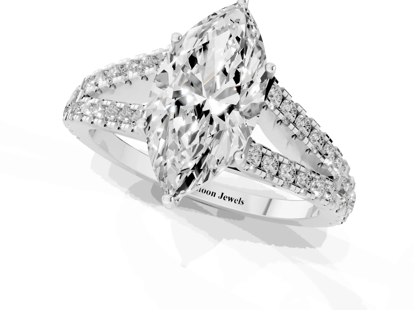Marquise Cut Diamond Split Shank Engagement Ring with Round Pavé and Prong Setting White gold