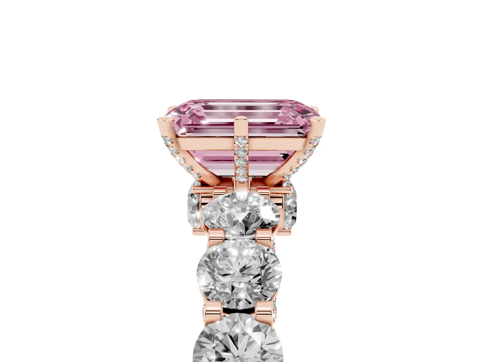 Fancy Pink Emerald Cut Diamond Side Stone Engagement Ring with Four-Prong Setting Rose gold