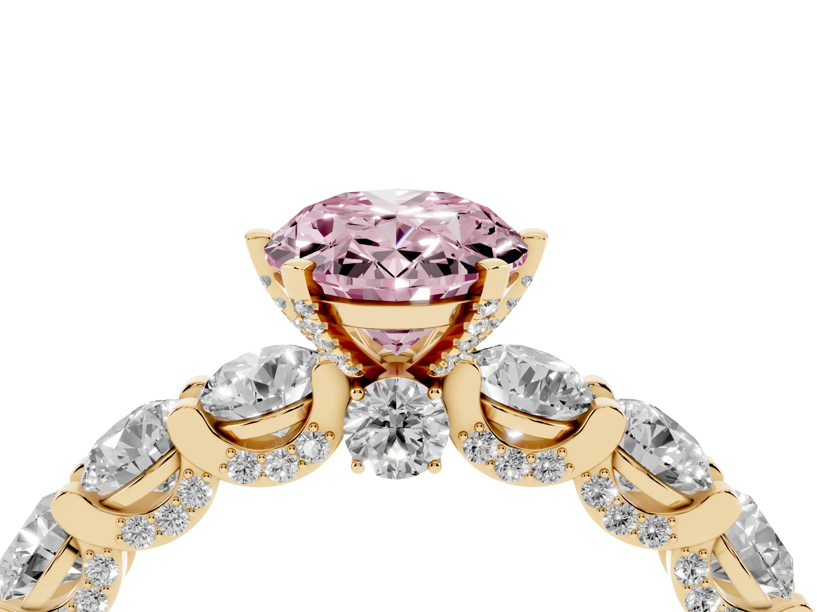 Fancy Pink Oval Cut Diamond Side Stone Engagement Ring with Four-Prong Setting Yellow gold