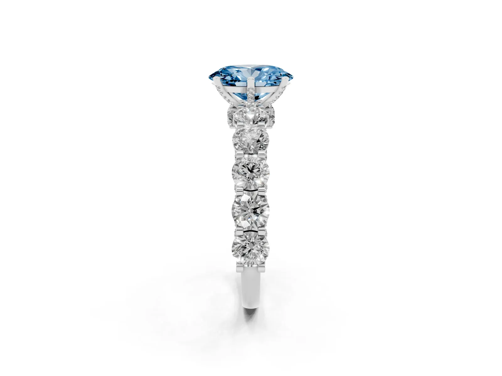 Fancy Blue Oval Cut Diamond Side Stone Engagement Ring with Four-Prong Setting White gold