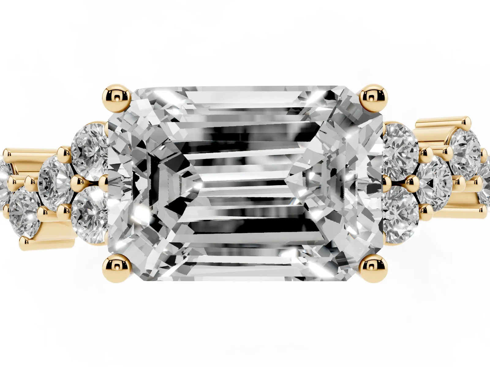 Emerald Cut Diamond Scattered Round Accent Ring with Prong Setting Yellow gold