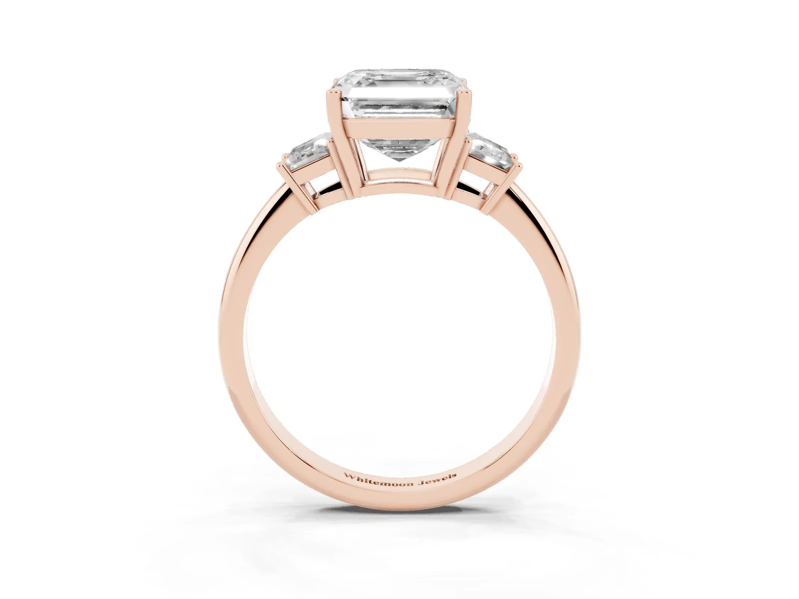 Asscher Cut Diamond Three-Stone Ring with Trapezoid Side Stones and Prong Setting Rose gold
