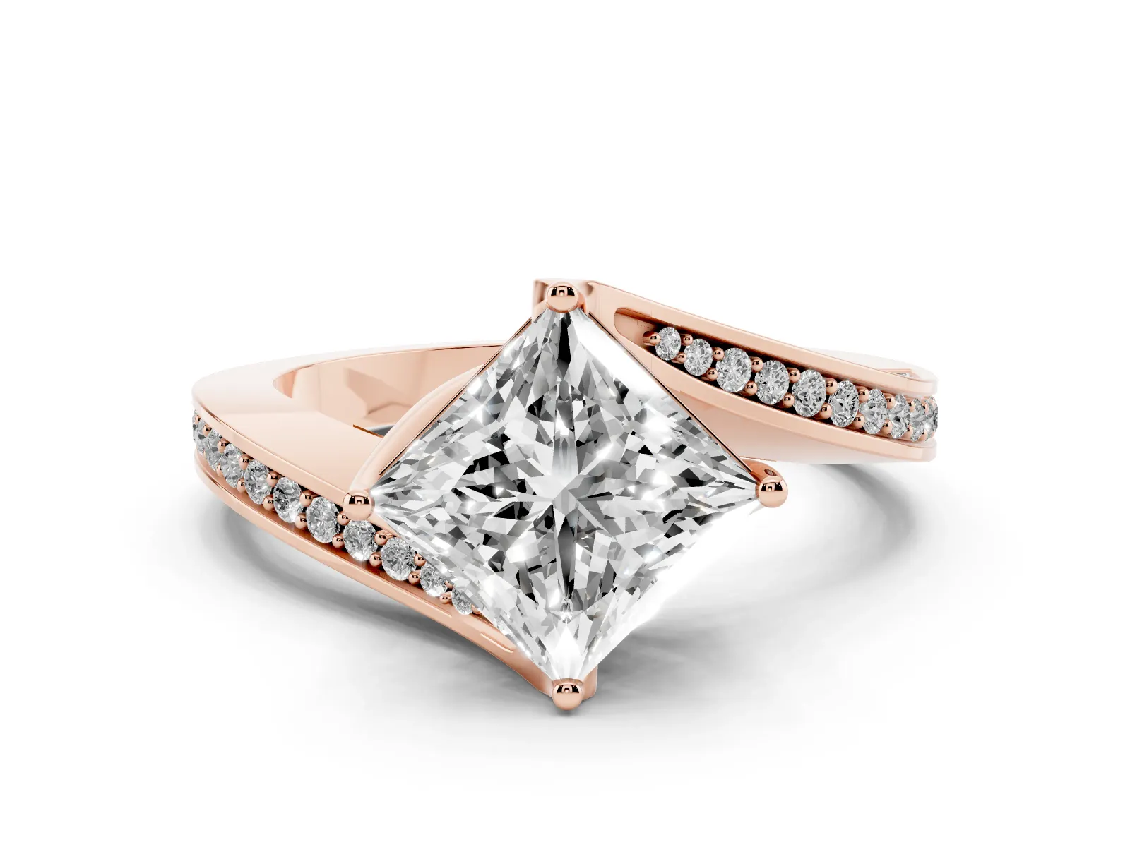 Princess Cut Solitaire Diamond Twist Band with Pavé Setting and Four-Prong Setting Rose gold