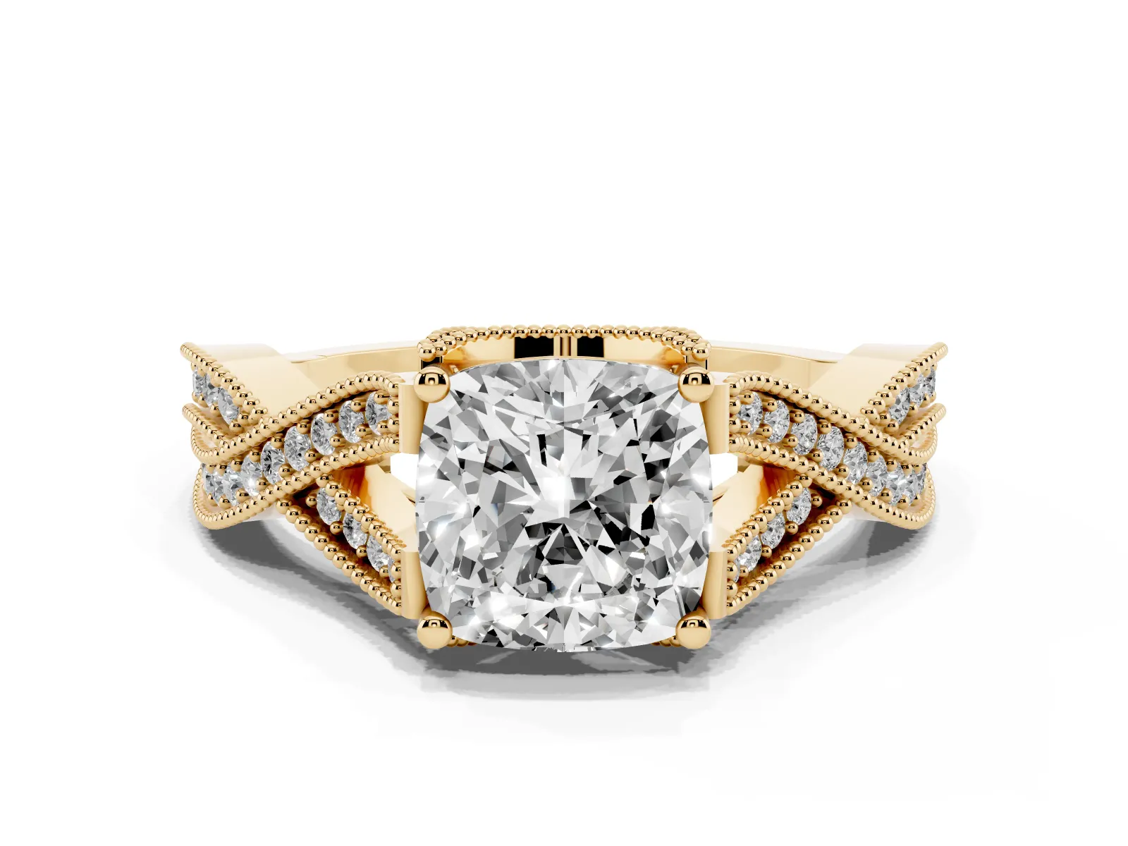 Cushion Cut Cut Diamond Twisted Band with Milgrain Pave Setting and Four-Prong Setting Yellow gold