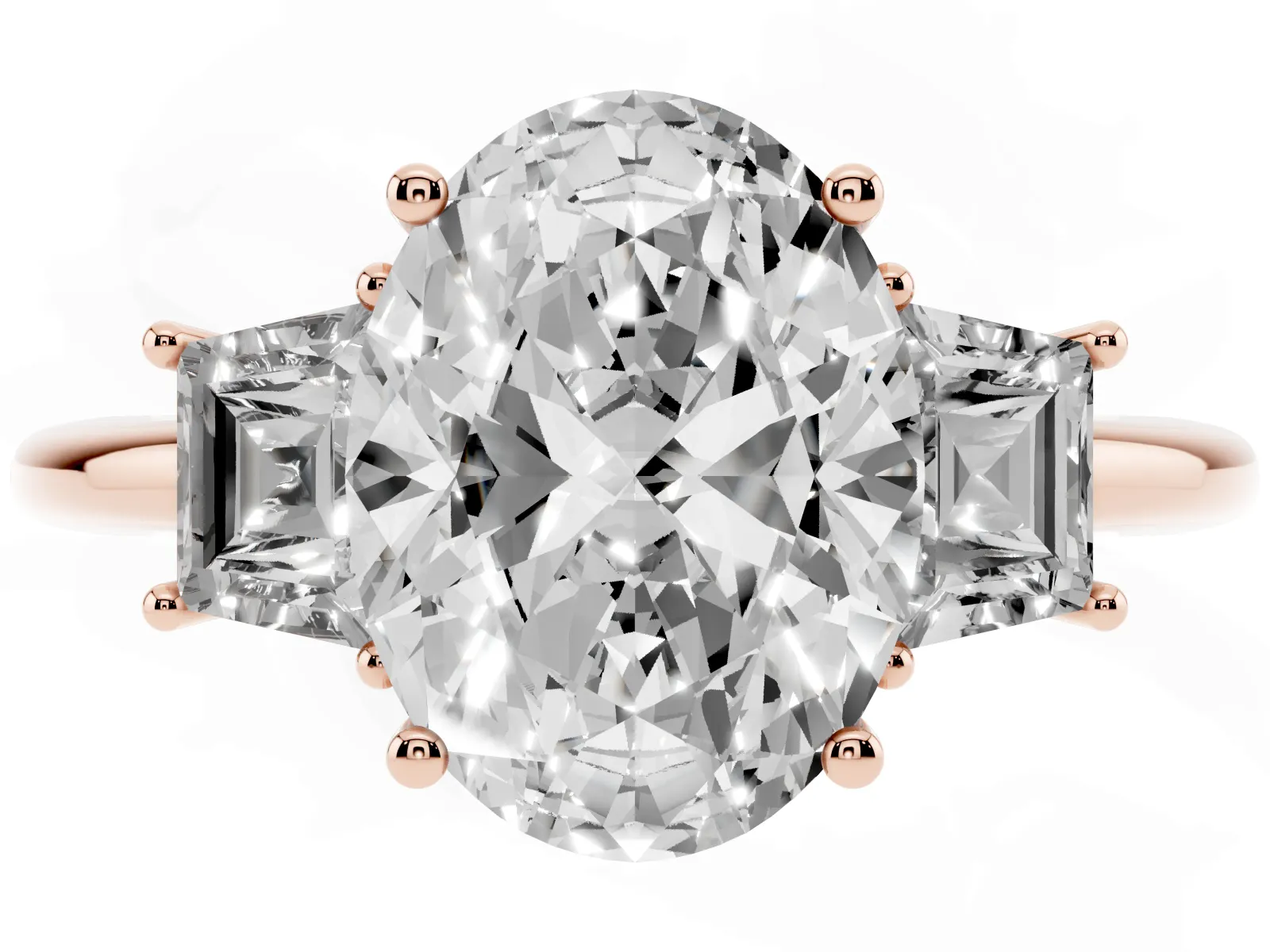 Oval Cut Diamond Three-Stone Ring with Trapezoid Side Stones and Prong Setting Rose gold
