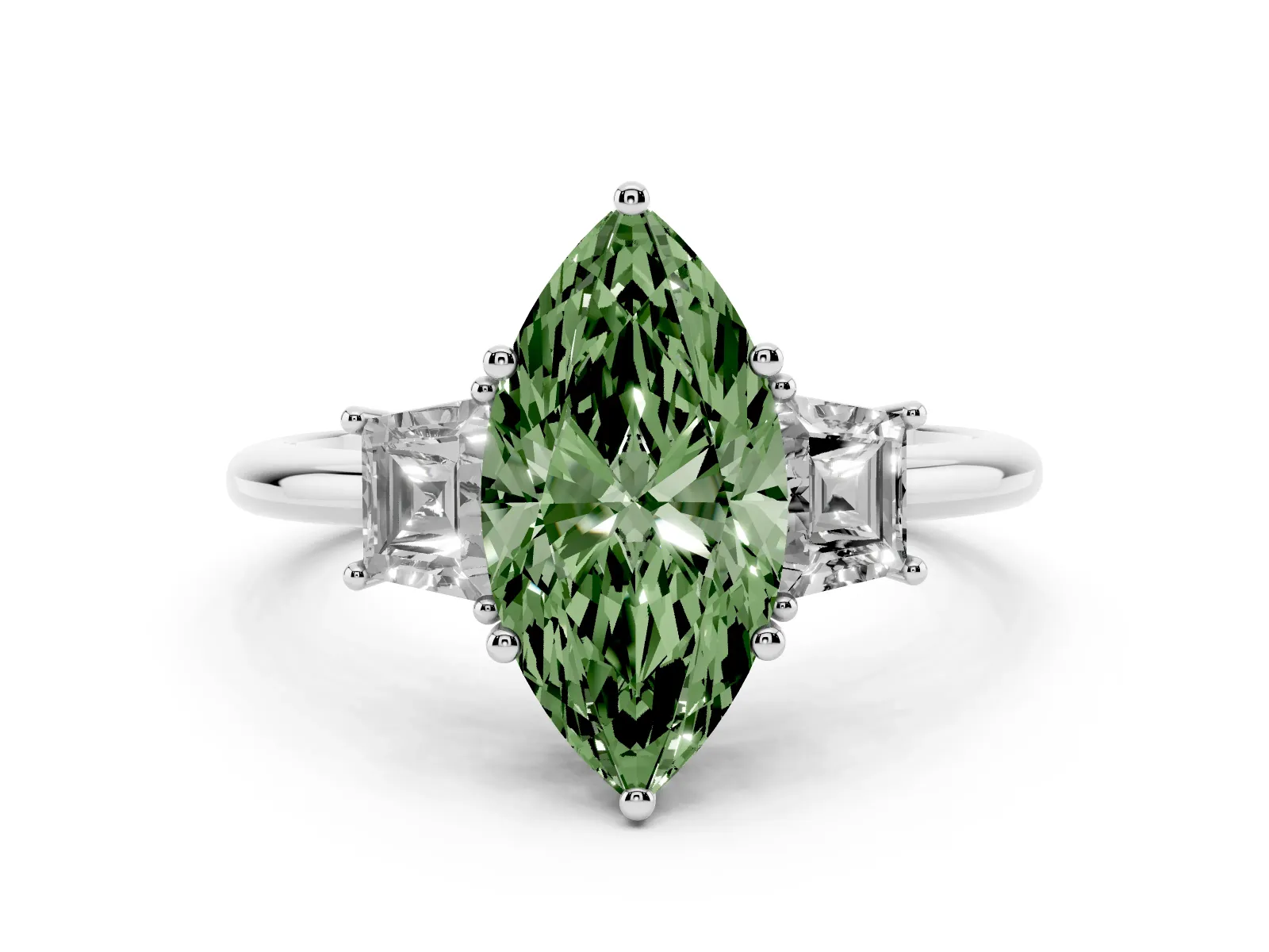 Fancy Green Marquise Cut Diamond Three-Stone Ring with Trapezoid Side Stones and Prong Setting Platinum