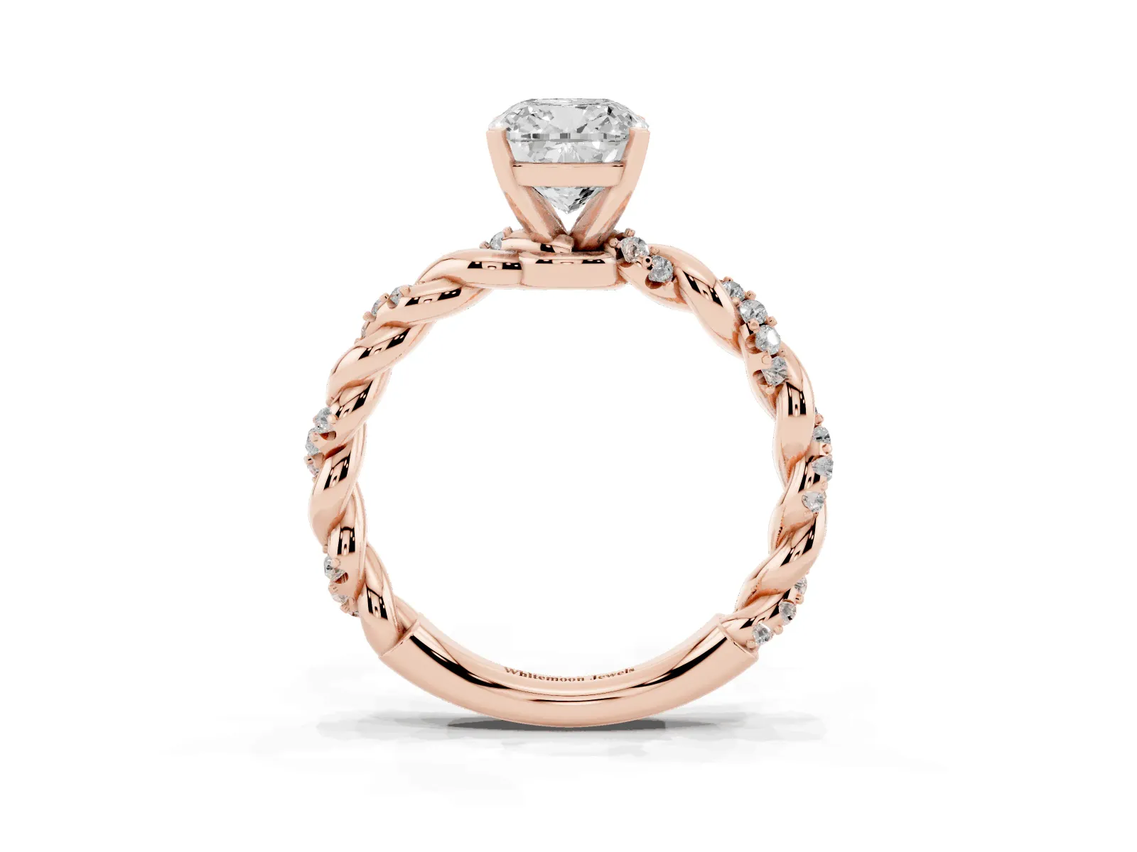 Cushion Cut Diamond Solitaire Ring with Twisted Band and Pavé Accents Rose gold