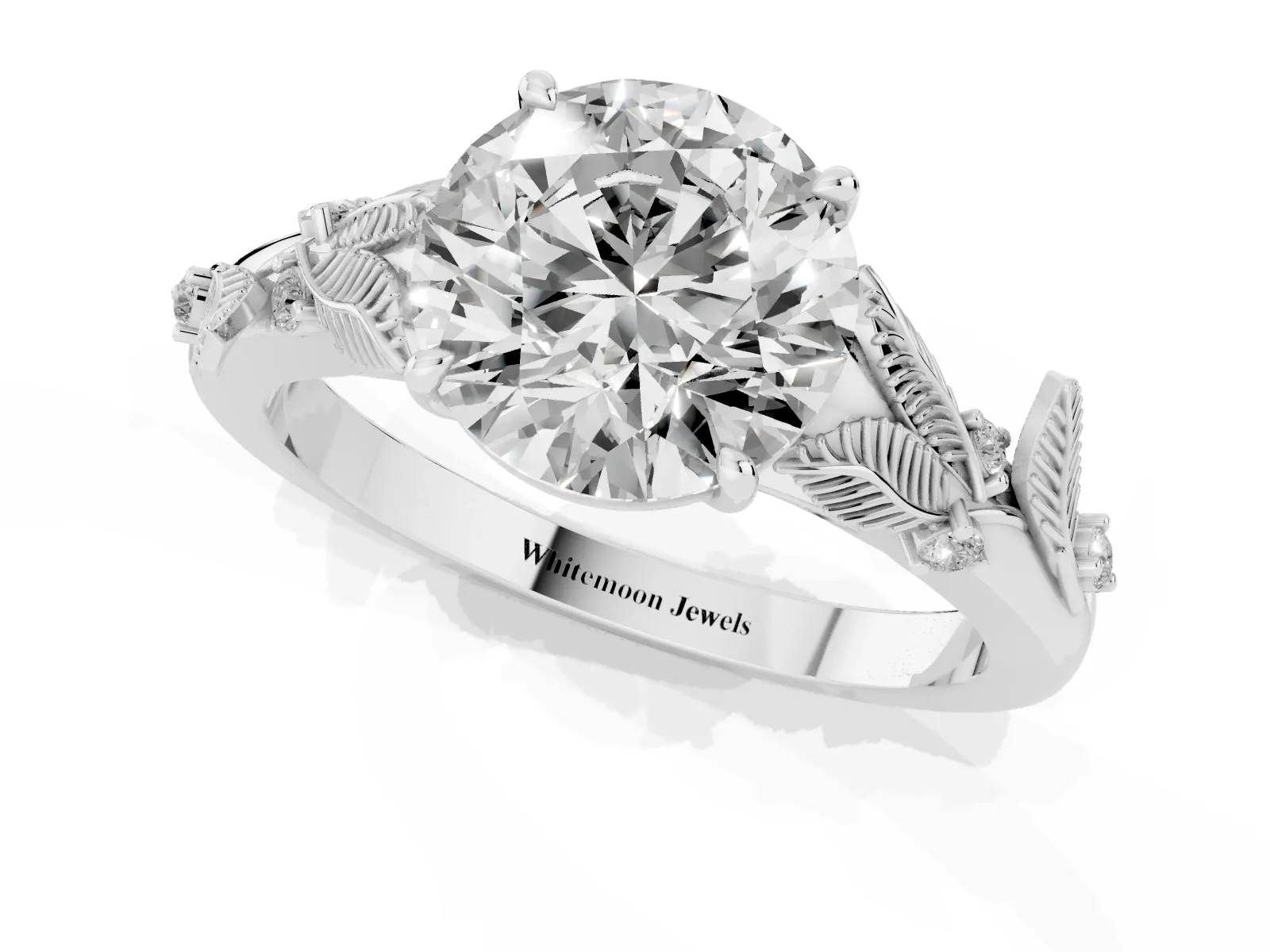 Round Cut Diamond Solitaire Ring with Leaf Motif Band and Four-Prong Setting Platinum
