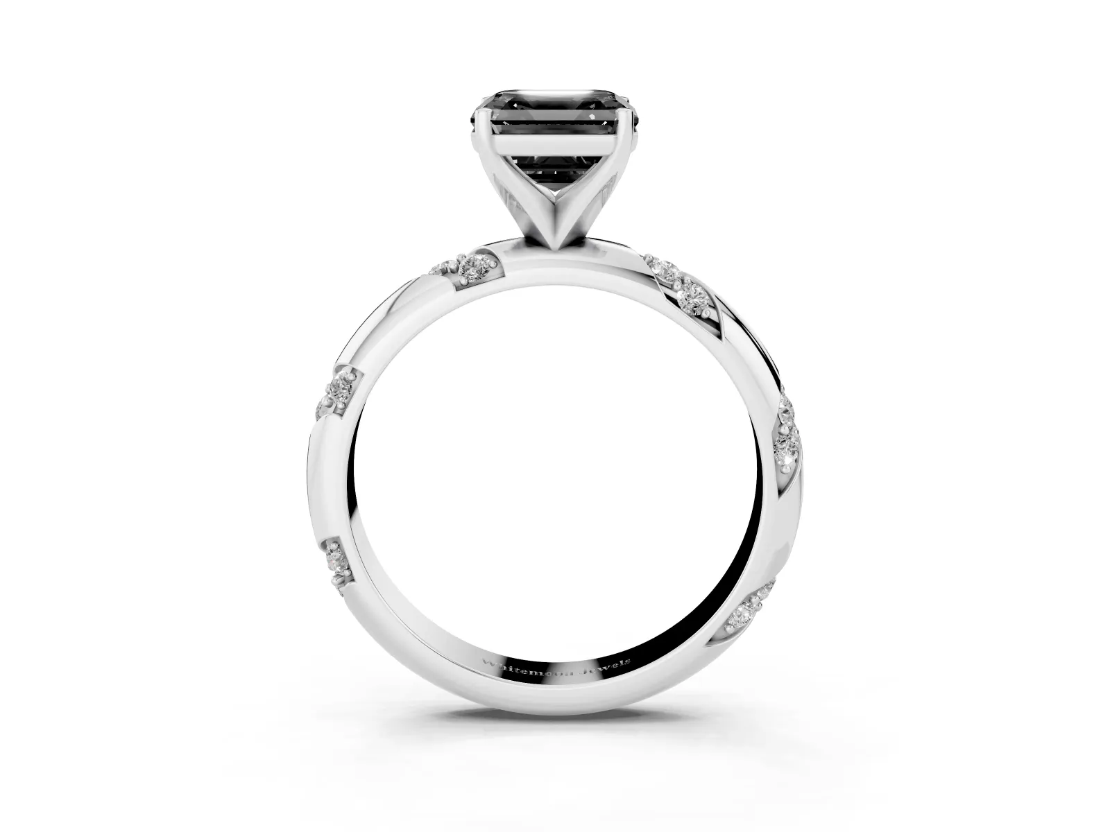 Fancy Black Asscher Cut Diamond Solitaire Engagement Ring with Twisted Round Accent Band and Prong Setting Platinum