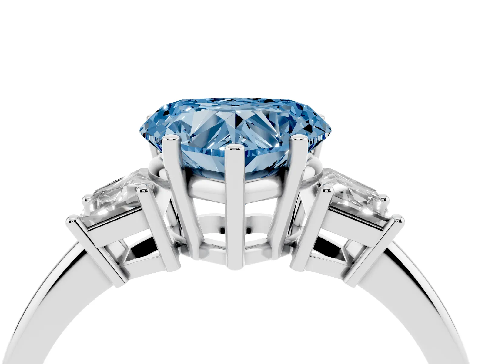Fancy Blue Heart Cut Diamond Three-Stone Ring with Trapezoid Side Stones and Prong Setting White gold